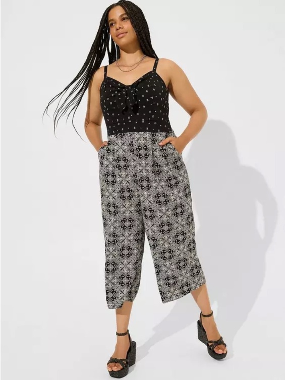 Torrid Black and Cream Jumpsuit with Geometric Patterns